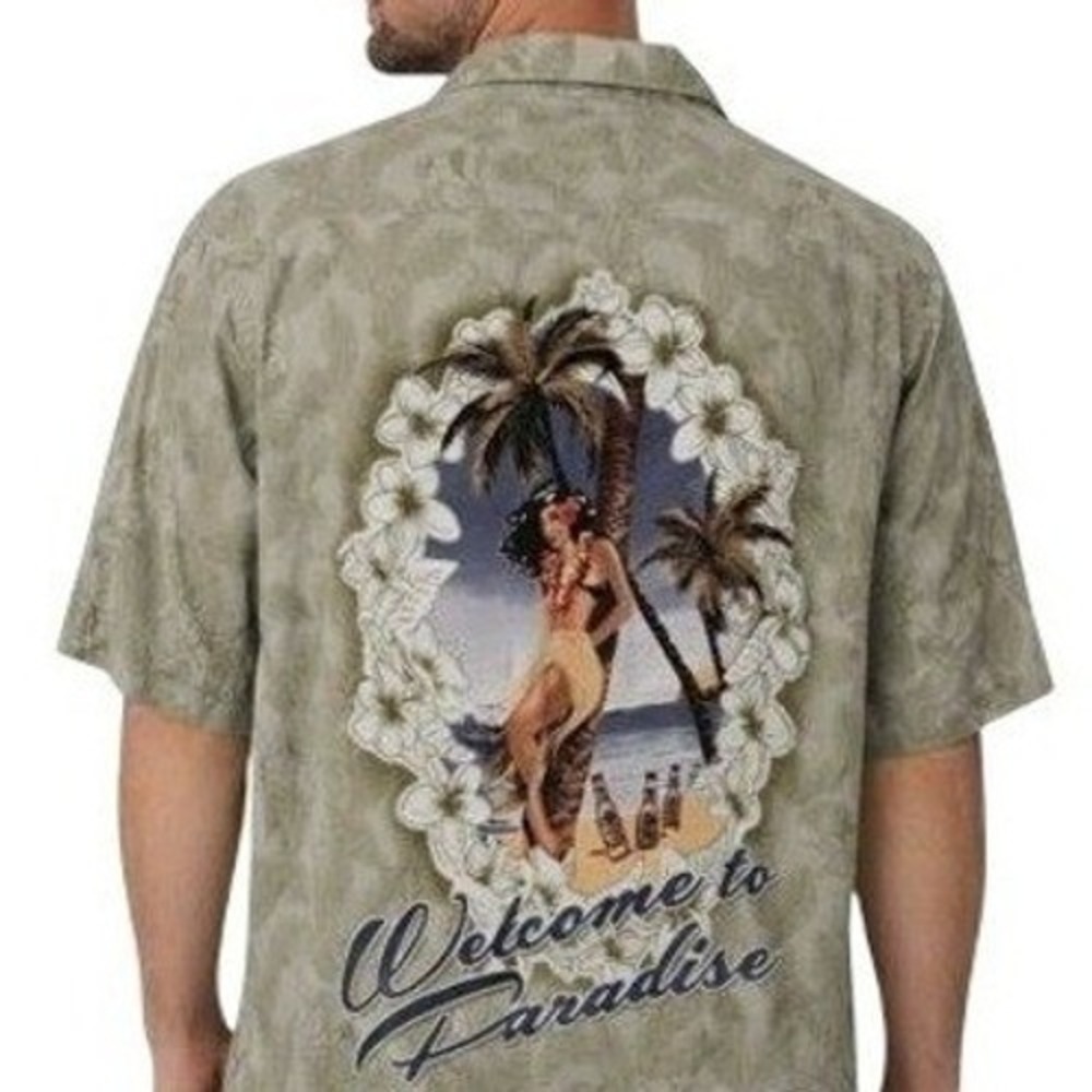 Vtg‎ Big Dogs Hawaiian Shirt M Rayon Welcome to Paradise Pinup Girl Back Graphic